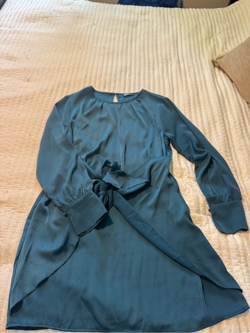 Teal Long-Sleeve Tie-Waist Dress